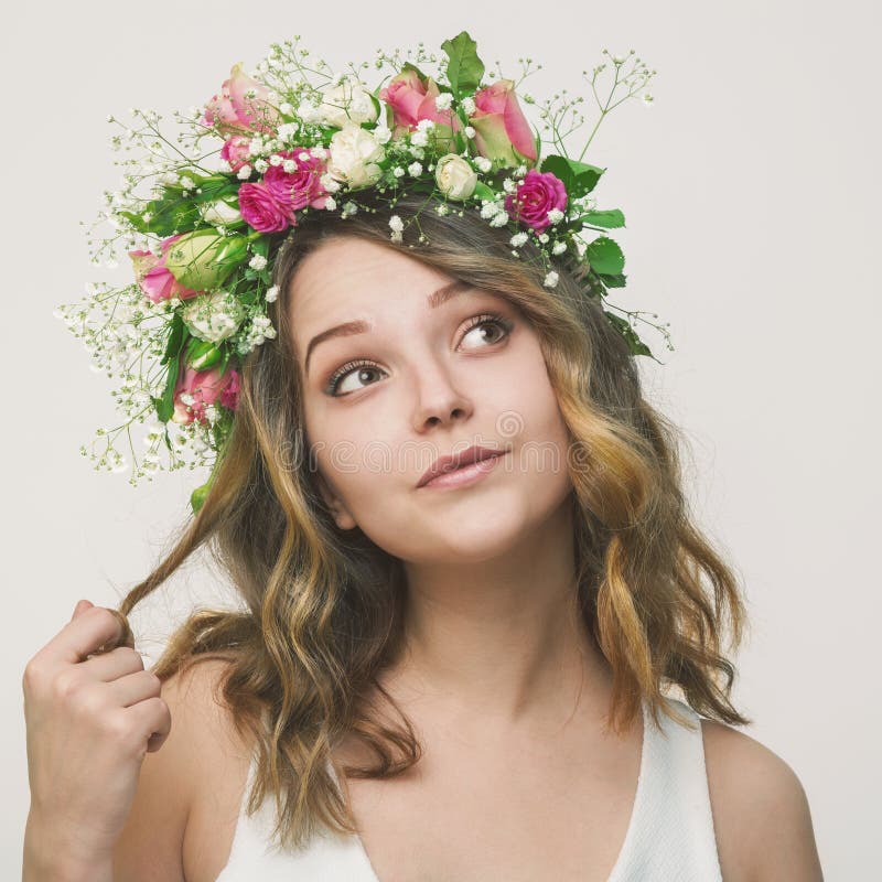 Portrait of a Playful Young Girl in a Wreath of Roses Stock Image ...