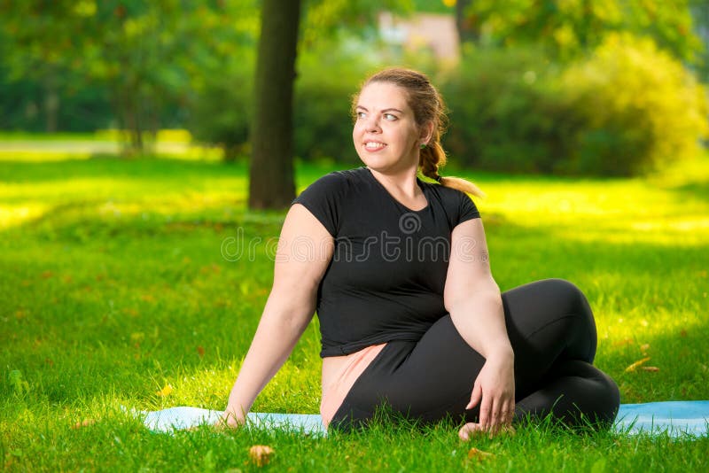 Fat Cheerful Woman Doing Yoga in the Park Stock Image - Image of girl,  nature: 145184909