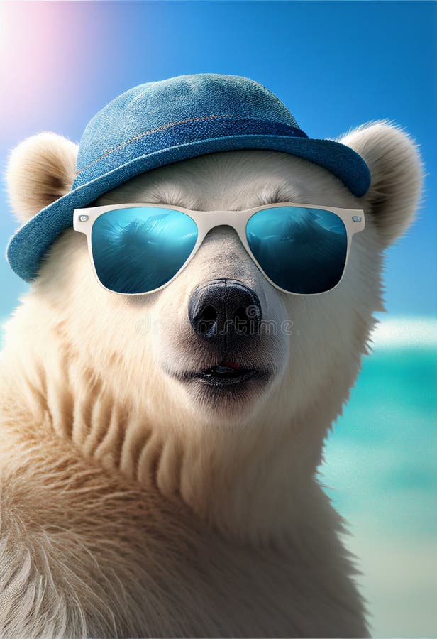 Portrait of Polar Bear in Sunglasses at the Resort. AI Generated Stock