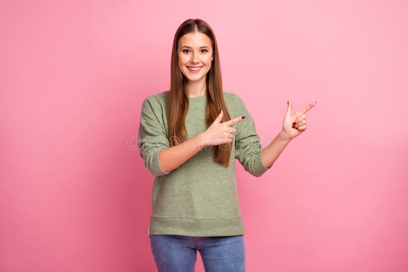 Portrait of Positive Cheerful Girl Point Index Finger Demonstrate ...