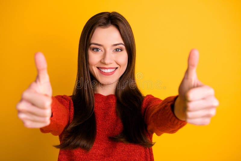 POrtrait of Positive Cheerful Lady Show Double Thumb Up Give Her ...