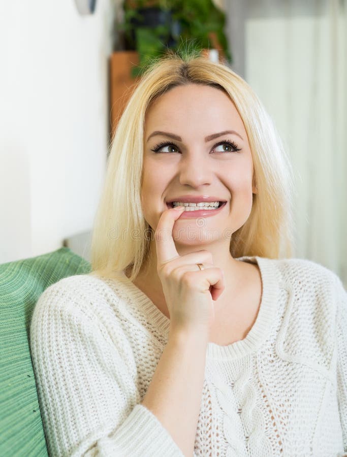 Portrait Of Positive Woman With Finger Over Lips Stock Image Image Of Hair Interior 76750827