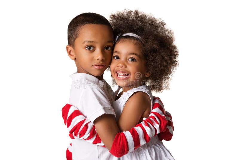 Portrait of a preschool african-american siblings hugging each other. isolated