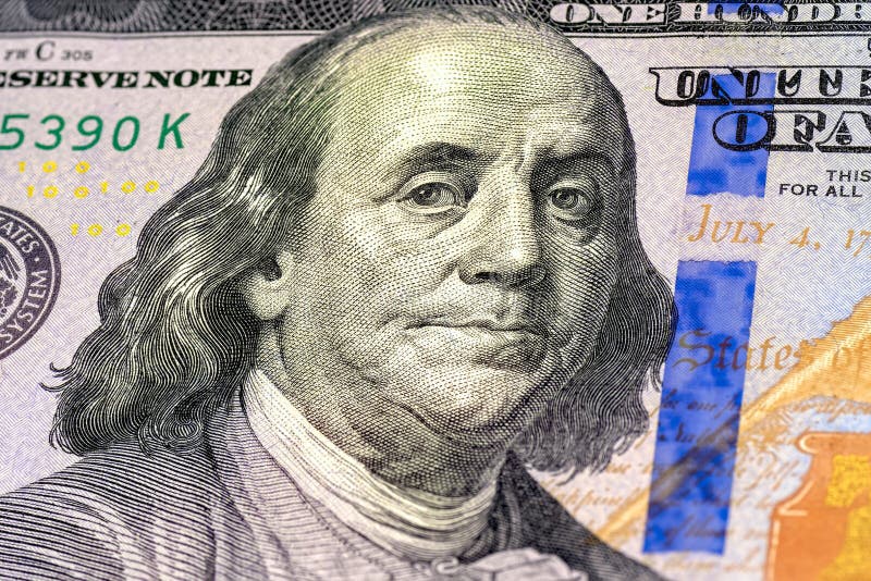 Portrait of President Benjamin Franklin on the One Hundred Us Dollars ...