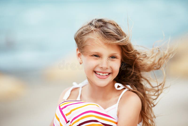 Portrait of a Pretty Little Girl with Waving in the Wind Long Ha Stock ...