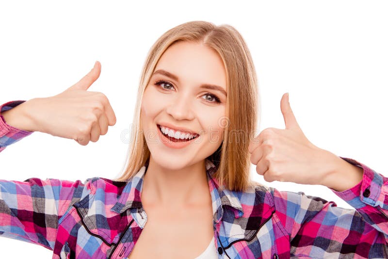 Portrait of Pretty Smiling Blonde Showing Thumbs Up Stock Image - Image ...