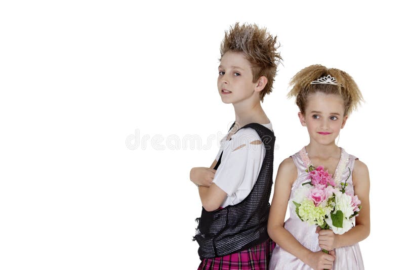 Portrait of punk boy with bridesmaid holding flower bouquet over white background