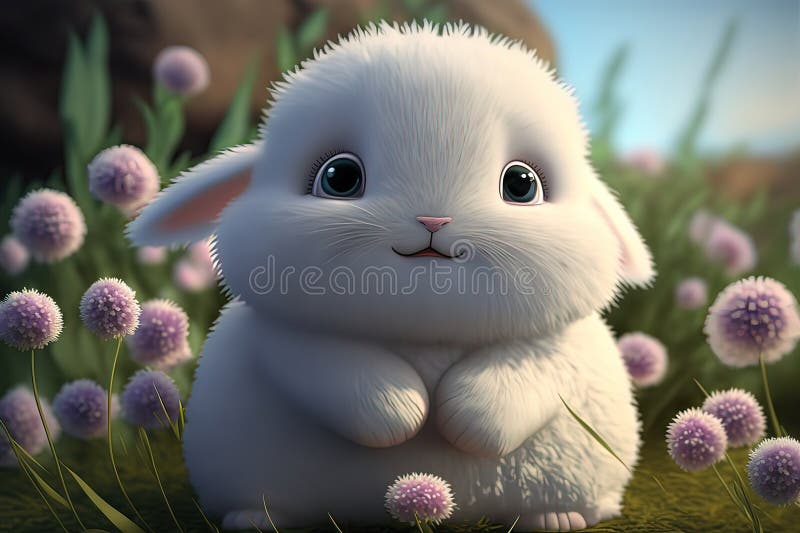 Portrait of a Rabbit on Chamomile Meadow. Bunny Sitting Outdoors in the Grass in Spring. Digital