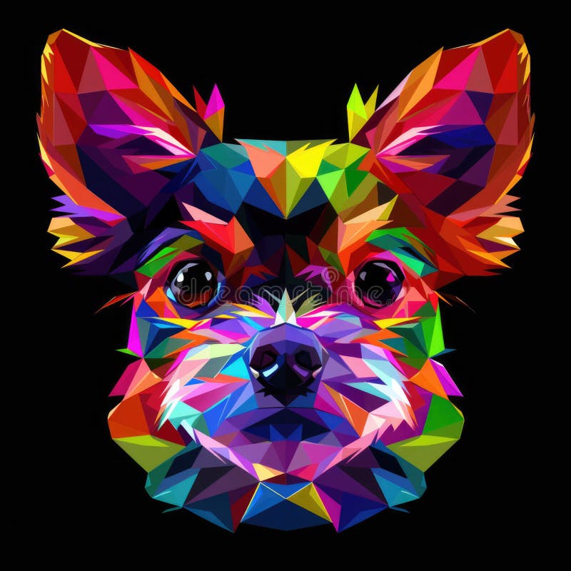 Portrait rainbow puppy black background, polygon design for printing on a T-shirt, mug, notebook stock illustration