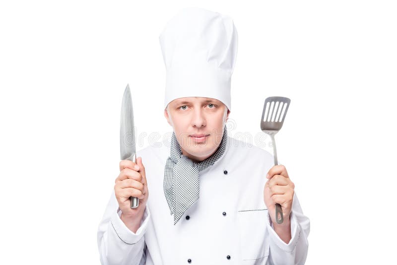 Portrait of Ready Chef with Shovel and a Sharp Knife on a White Stock Image Image of blade