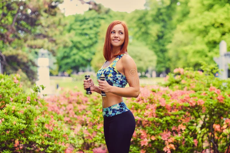 Portrait Of Redhead Fitness Female Holds Dumbbells Stock Image Image Of Beauty Care 116270239 