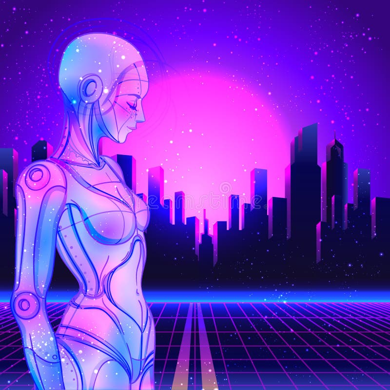 Portrait of robot android woman in retro futurism style. Vector illustration. of a cyborg in glowing neon bright colors vector illustration