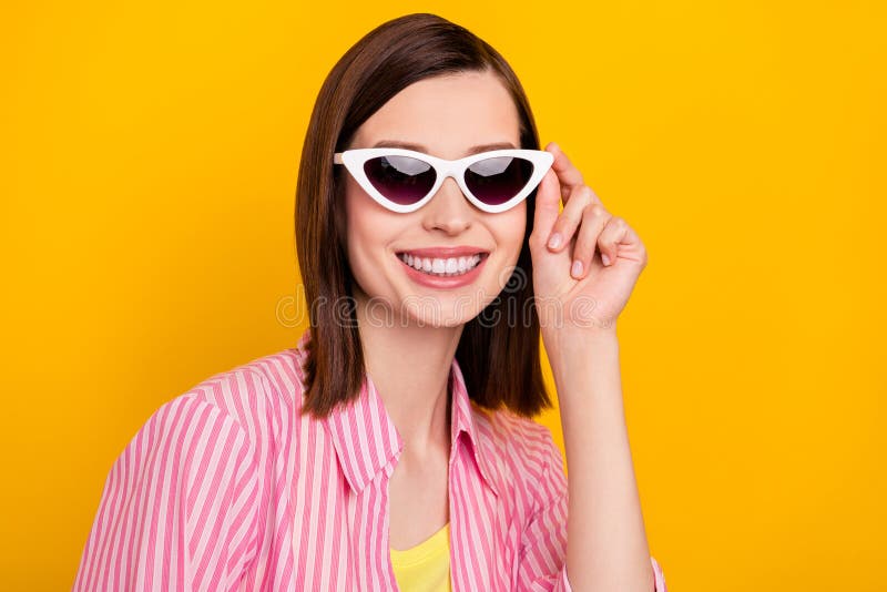 Portrait of Satisfied Candid Person Arm Touch Sunglass Toothy Smile ...