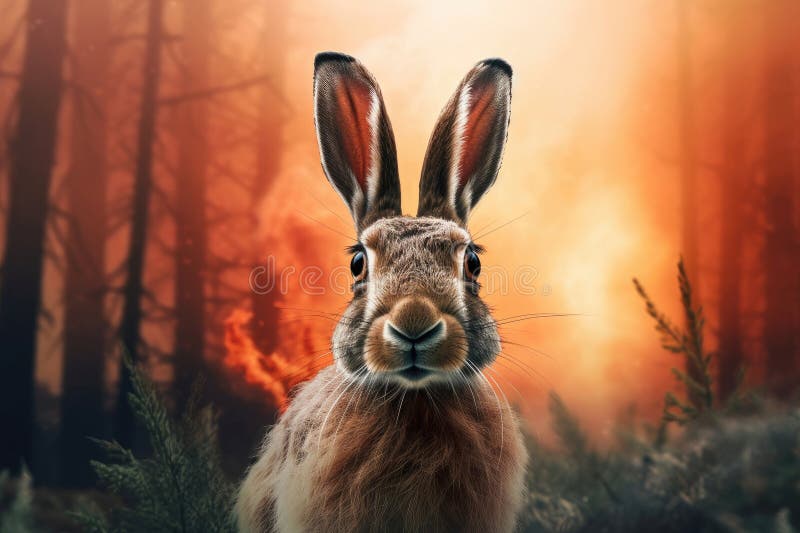 Hare in Burning Forest, Generative AI vector illustration