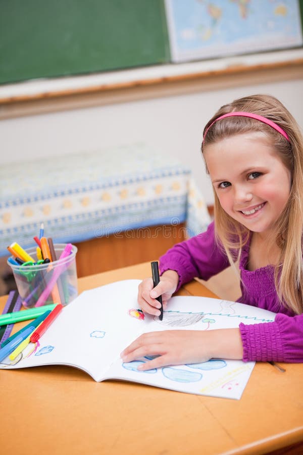 Girl Drawing with Sketch Pen in Classroom Stock Image Image of craft