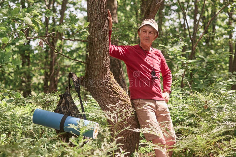 Portrait of senior man standing near tree over forest background. Mature man with rucksack and rug stops to have rest after long royalty free stock image Portrait of senior man standing near tree over forest background. Mature man with rucksack and rug stops to have rest after long royalty free stock image