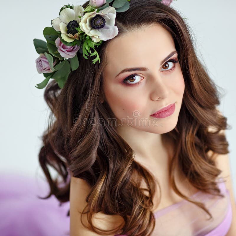 Portrait of Sensual Beautiful Brunette Girl in Purple Dress, Wreath and ...