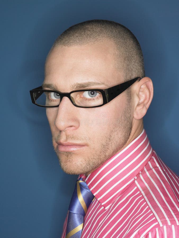 Portrait of Serious Bald Man in Glasses Stock Image - Image of angry