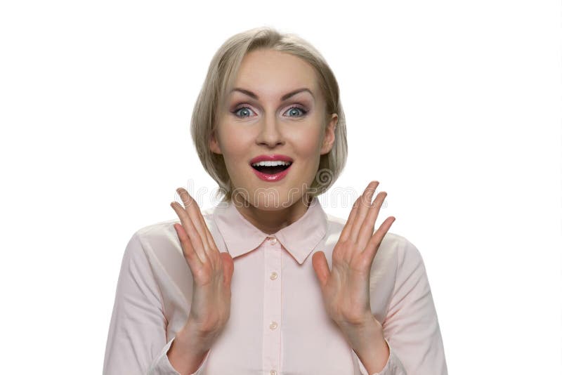Portrait of shocked and surprised mature business lady. stock photo Portrait of shocked and surprised mature business lady. stock photo