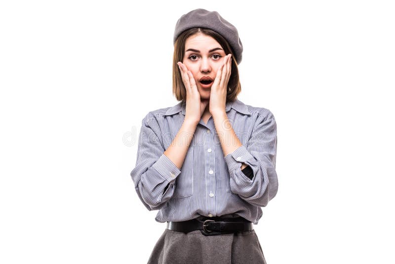 Portrait of a shocked woman dressed in beret screaming and looking away isolated over white background stock photos Portrait of a shocked woman dressed in beret screaming and looking away isolated over white background stock photos
