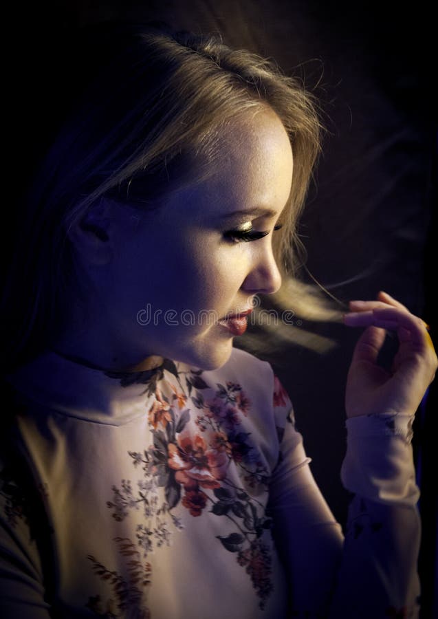 Sensual blonde woman posing in dramatic natural light, wearing a floral top royalty free stock photography Sensual blonde woman posing in dramatic natural light, wearing a floral top royalty free stock photography