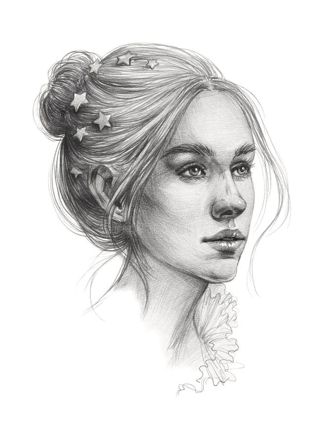 Portrait Sketch of a Young Beautiful Girl with a Collected Hairstyle and Hairpins with Stars on Her Hair Stock Illustration - Illustration of beautiful, neck: 220395396 Portrait Sketch of a Young Beautiful Girl with a Collected Hairstyle and Hairpins with Stars on Her Hair Stock Illustration - Illustration of beautiful, neck: 220395396