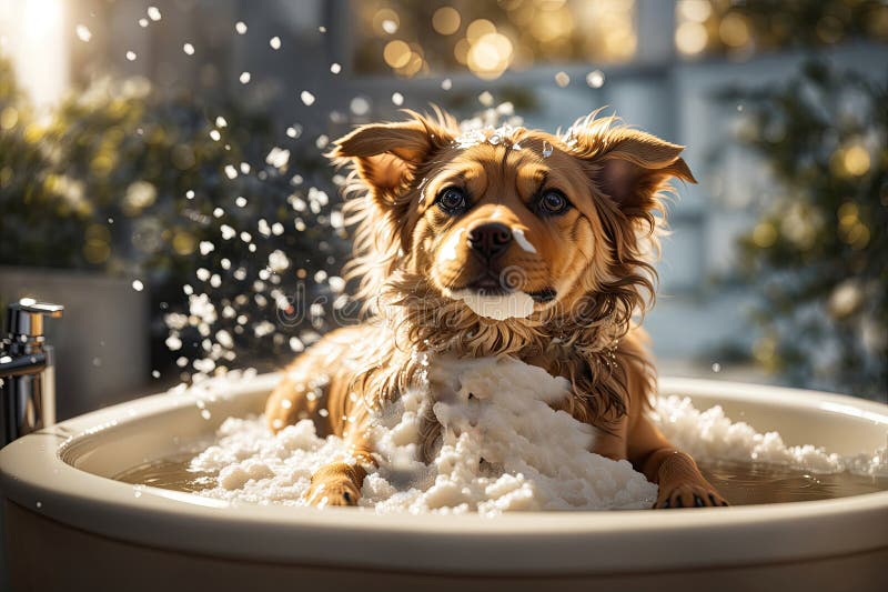 Portrait Small dog being washed in bath tube. ai generative vector illustration