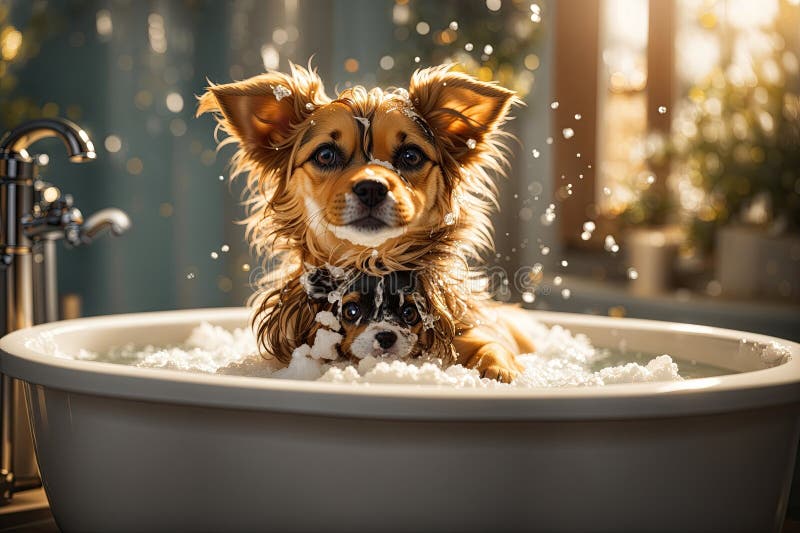 Portrait Small dog being washed in bath tube. ai generative stock illustration