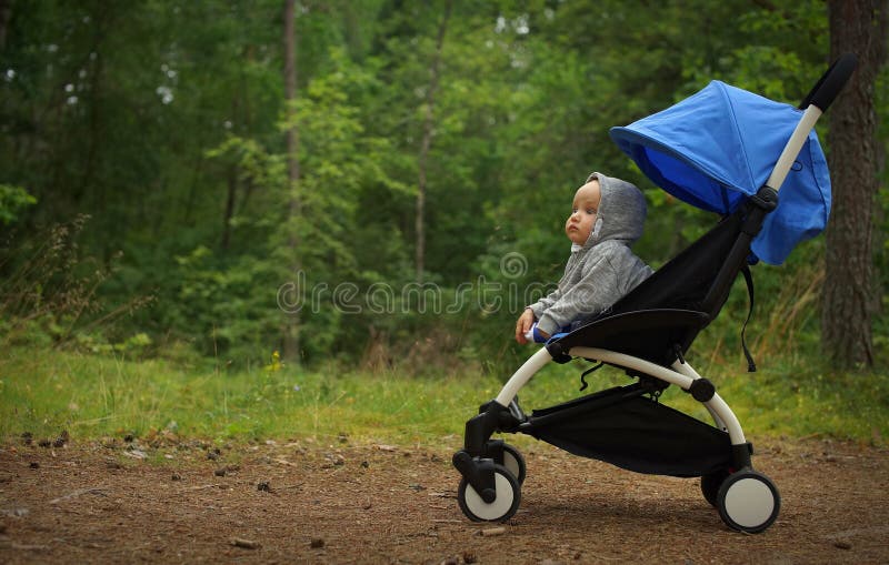 Portrait of small thoughtful child in sweatshirt hood on head sitting in baby stroller in green park, travelling child