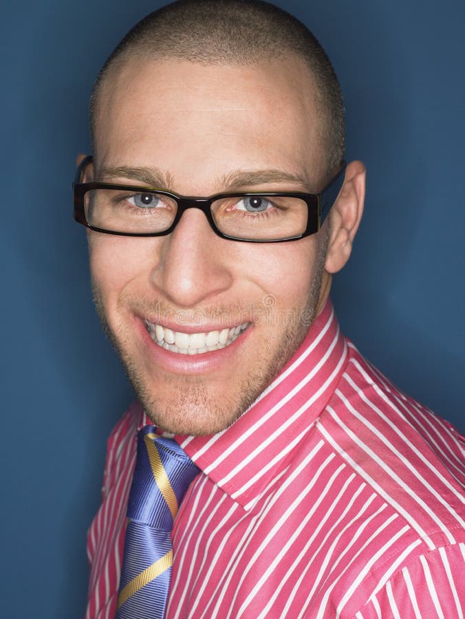 Portrait Of Smiling Bald Man In Glasses Stock Image - Image of dressed