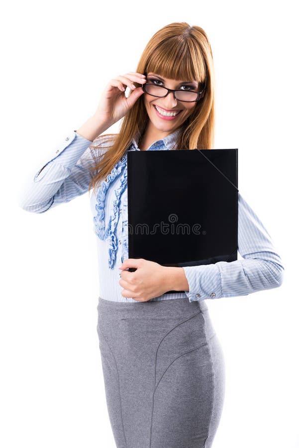 Portrait of smiling business woman with black paper folder