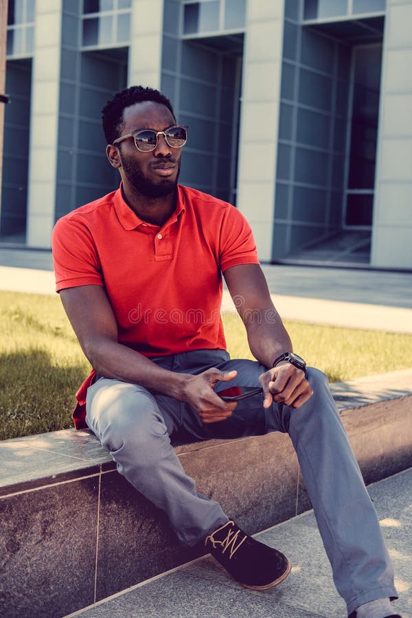 Portrait of Smiling Casual Black Man in Red Tshirt. Stock Image - Image ...