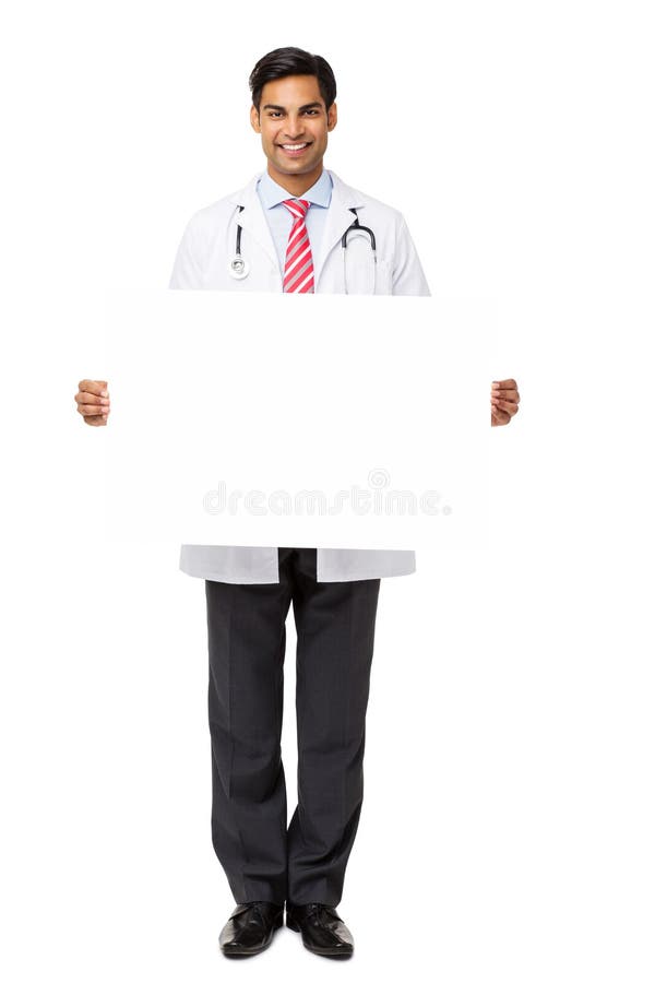 Portrait Of Smiling Doctor Holding Blank Placard