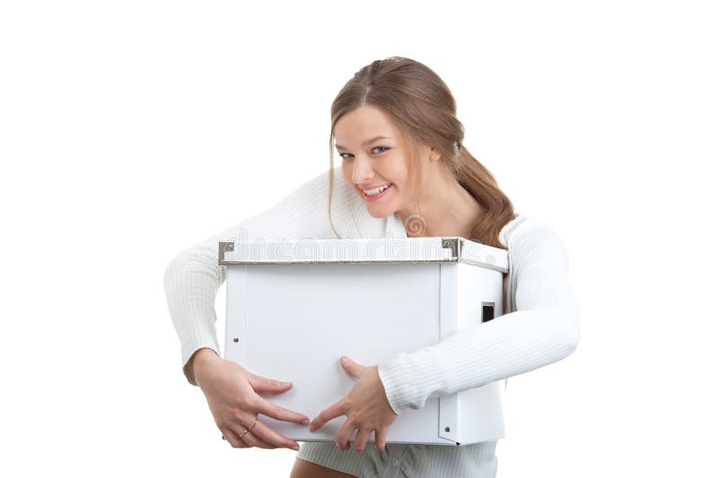 Portrait of a smiling girl holding white box