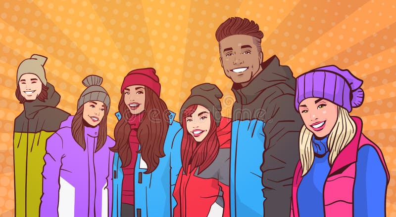 Portrait Of Smiling Group Of People Wear Winter Clothes Over Colorful Retro Style Background Mix Race Young Adults.