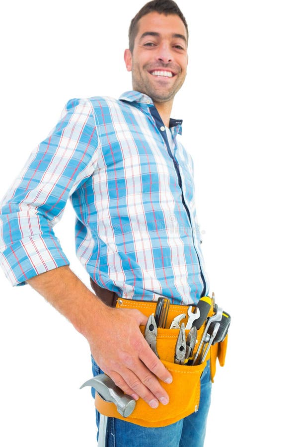 Portrait of Smiling Handyman Wearing Tool Belt Stock Photo - Image of ...