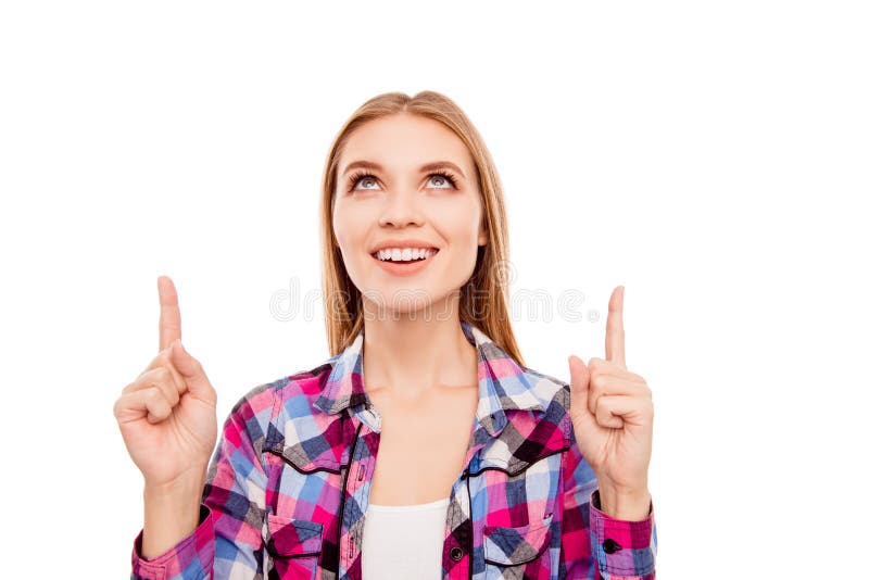 Portrait Of Smiling Happy Girl Pointing Up With Fingers Stock Image