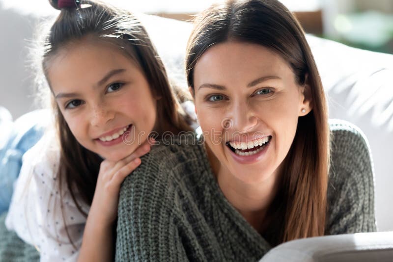 Portrait Of Smiling Mom And Daughter Relax Together Stock Image Image 