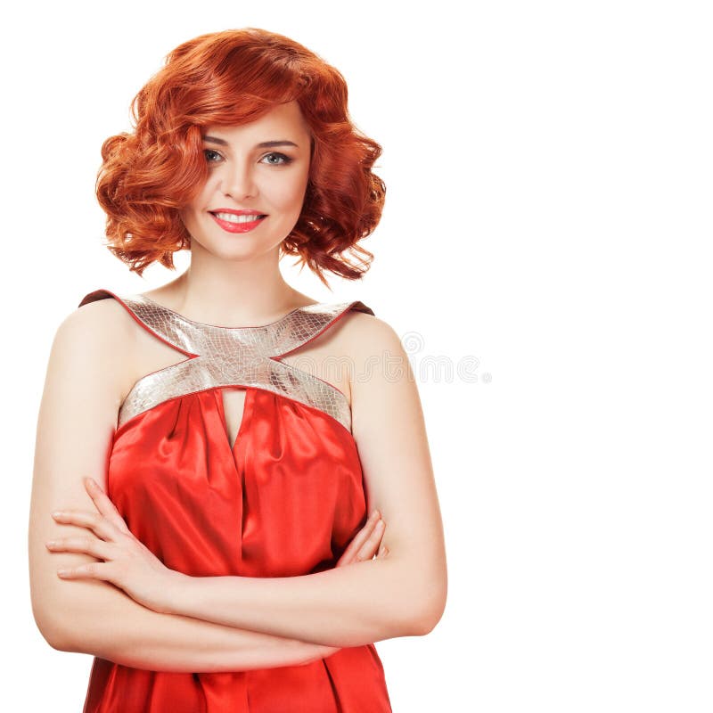 Portrait of smiling red hair woman. Isolated