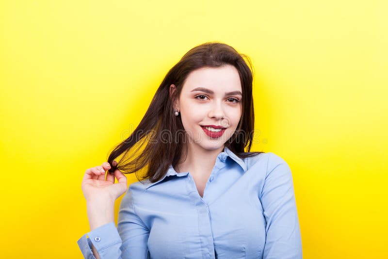 Portrait of Smiling Woman Wearing a Business Blue Shirt Stock Photo ...