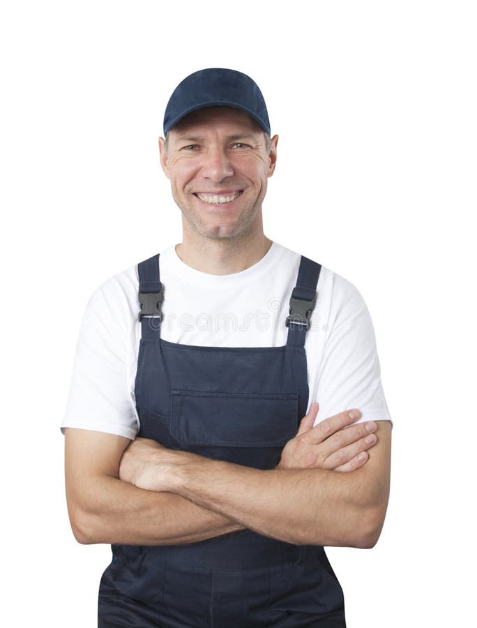 Portrait of smiling worker in blue uniform isolated on white background stock images