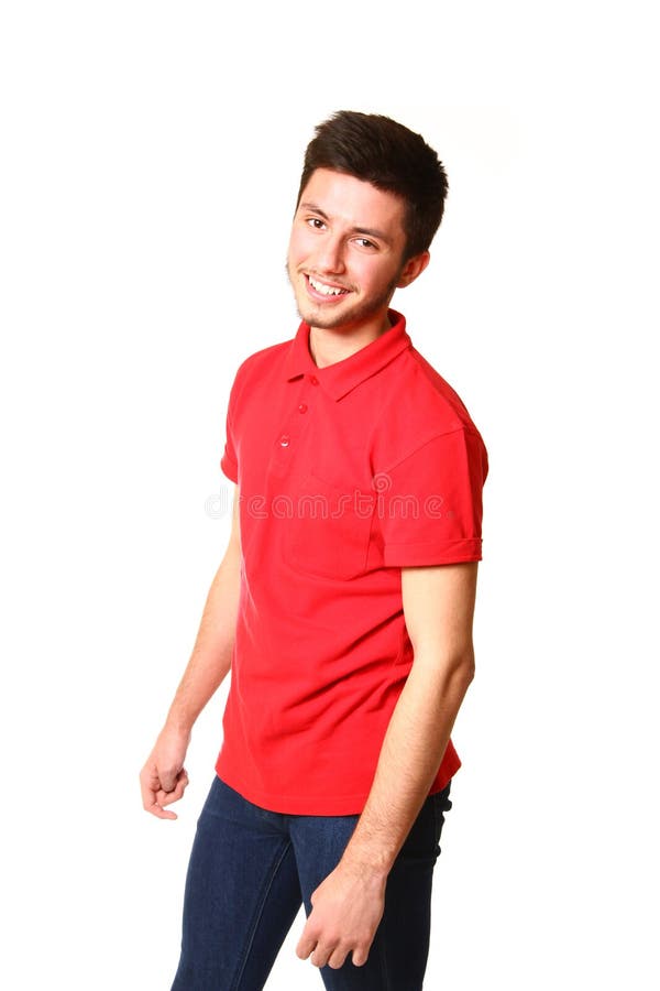 Portrait of smiling young man in a red T-shirt isolated on white