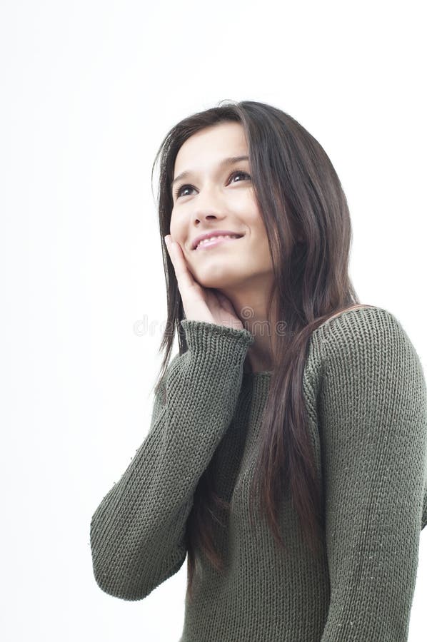 Portrait of smiling woman holding her hand on chin. Top smiling cheerful stock images, royalty-free photos and pictures