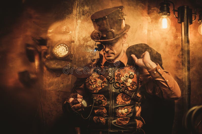 Portrait of steampunk man with various mechanical devices on vintage steampunk background stock photos Portrait of steampunk man with various mechanical devices on vintage steampunk background stock photos