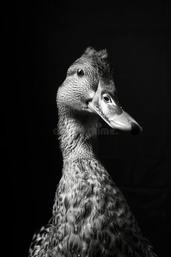 Portrait studio photograph of duck black and white stock illustration