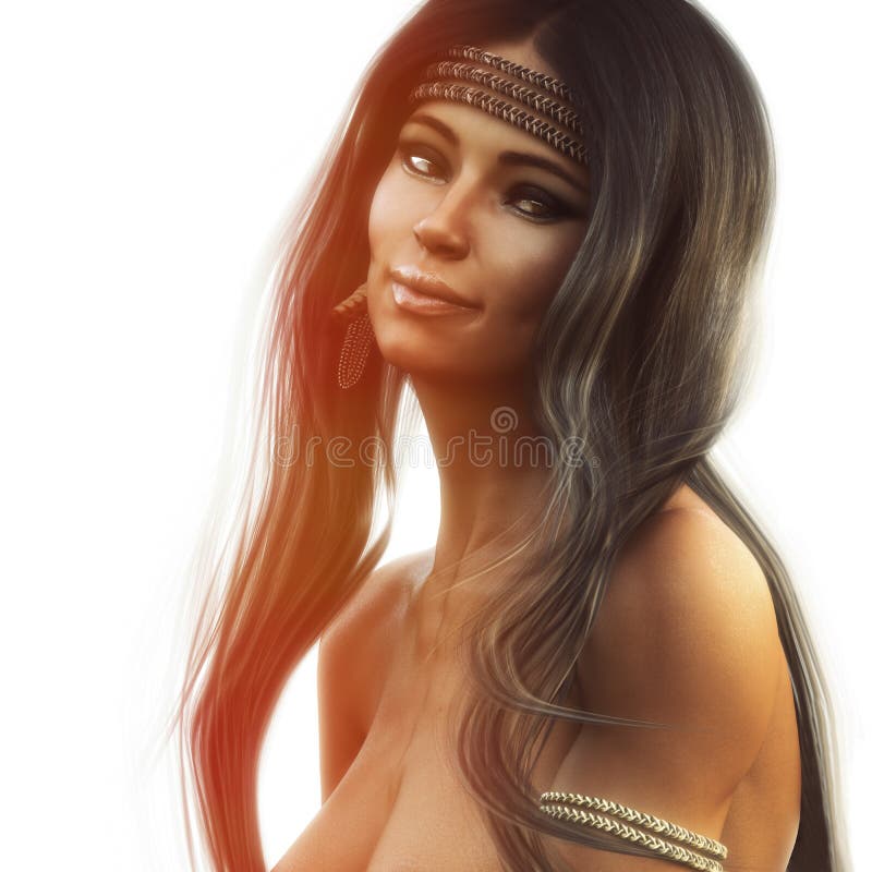 Portrait of a stunning topless native American female with long brown frosted hair wearing traditional headdress.