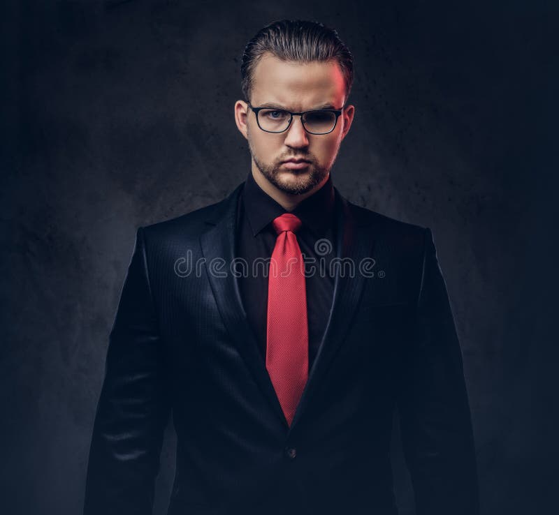 black dress shirt and red tie