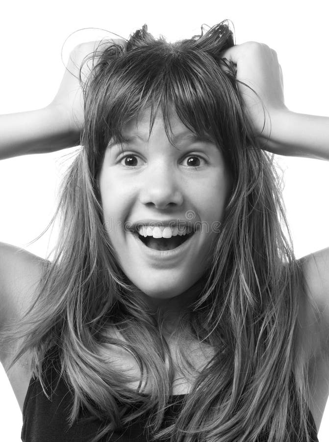 Portrait of surprised happy smiling girl on white stock images Portrait of surprised happy smiling girl on white stock images