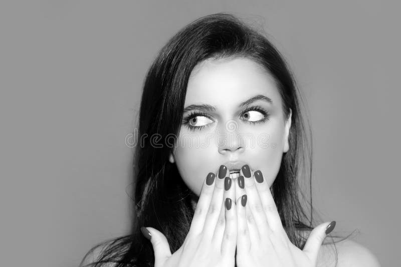 Portrait Of Surprised Woman Girl Cover Open Mouth Different Emotions Reactions Feelings And