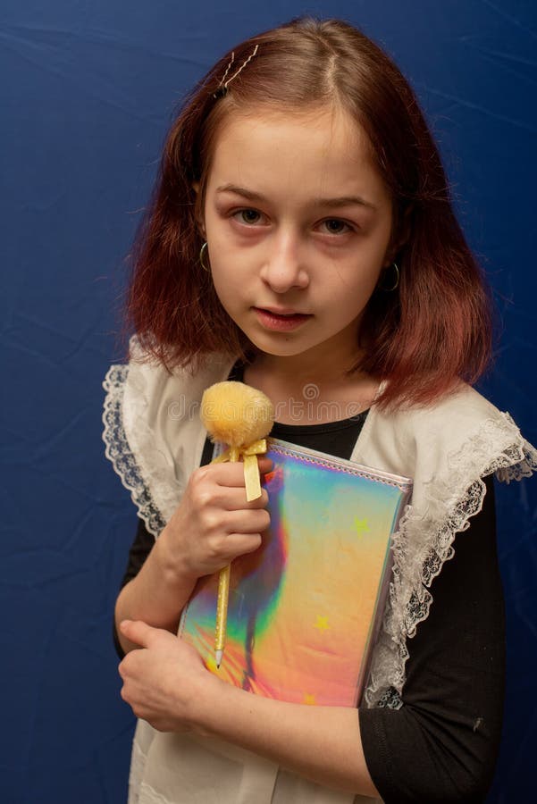 Portrait of Sweet Honor Schoolgirl in Shirt on the Blue Background ...